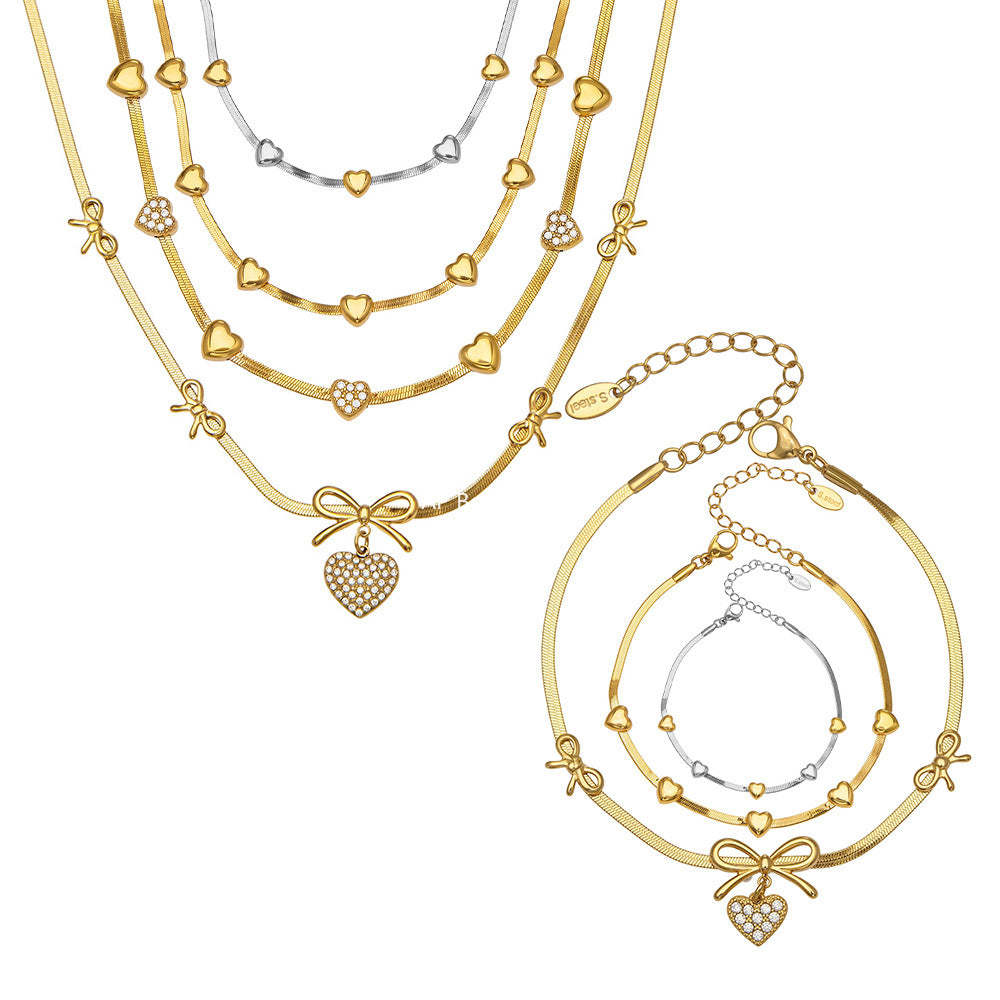 B廠-不鏽鋼蝴蝶結愛心鋯石滿鑽吊墜刀片鏈手鍊項鍊首飾套裝鍍18k真金「TXP499」25.11-4