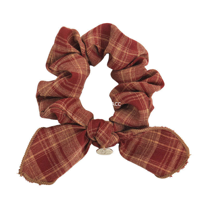 E廠-復古格紋學院風蝴蝶結髮圈減齡時尚百搭髮繩皮筋小腸髮圈頭飾品「27646」25.11-1