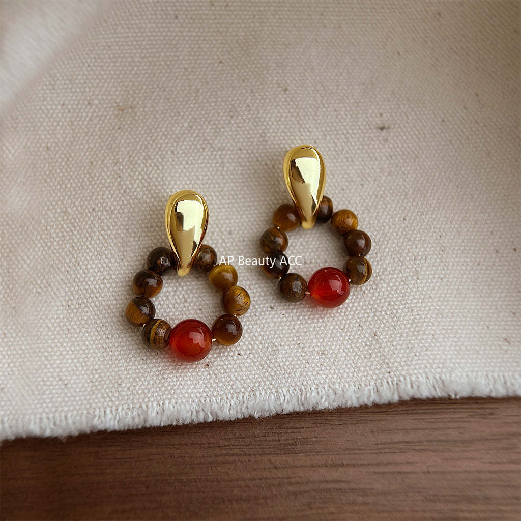 A廠-文藝復古時尚高級感天然石虎眼石幾何圓形氣質耳飾工廠耳環飾品女「7230」25.12-3