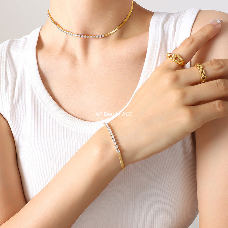 B廠-歐美不掉色精緻氣質帶鑽鋯石鑲嵌拼接刀片鏈鍍金項鍊手鍊首飾套裝「P281-E326」25.11-2