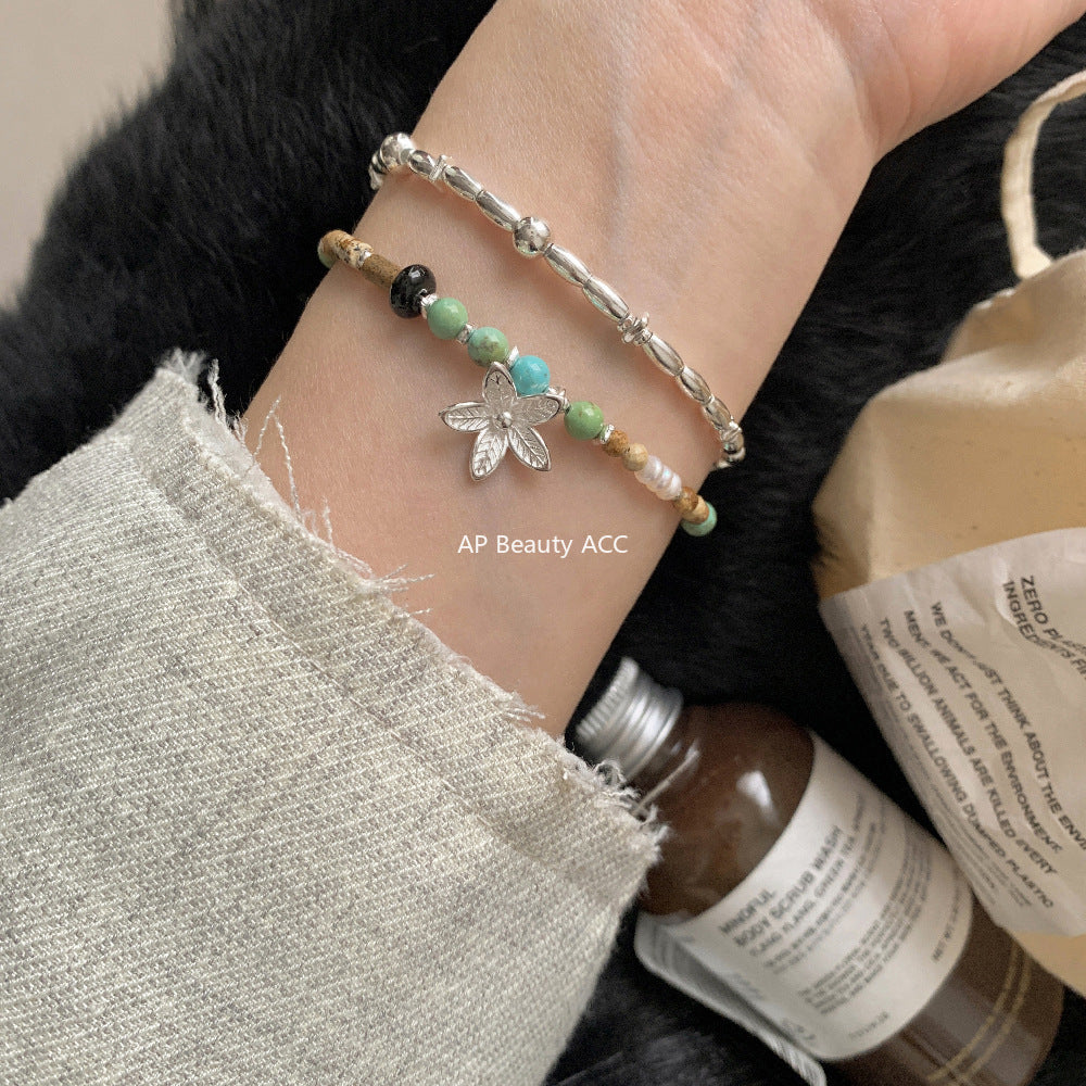 C廠-泰國清邁手工銀 天然珍珠花朵鋁鎂礦圖畫石S925純銀手鍊925銀項鍊「1540」25.11-2