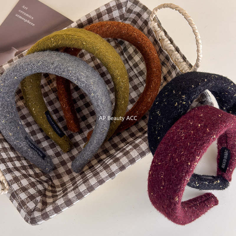 E廠-韓系小香風毛呢針織金絲寬邊髮箍女高級感洗臉頭箍氣質百搭壓髮卡「27725」25.11-4