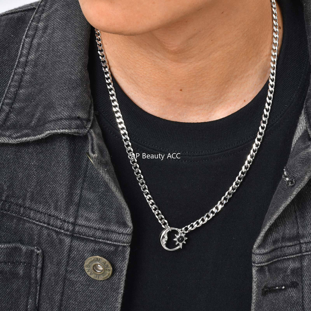 G廠-不鏽鋼六面磨鏈星月項鍊太陽星星月亮蛋白石吊墜項鍊鋼色「NC-2407」25.12-2