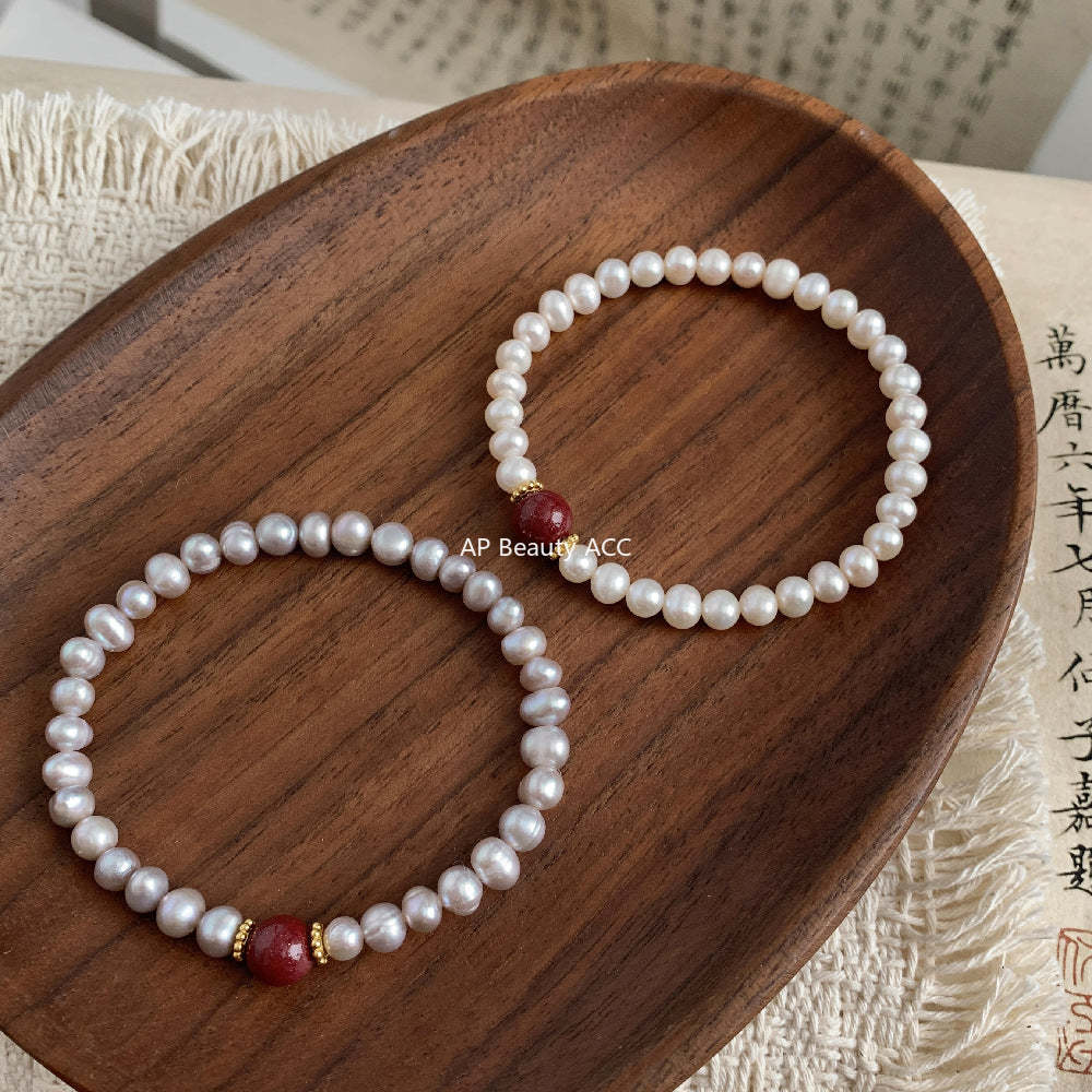 C廠-新中式宮廷極光淡水珍珠手鍊女款輕奢高級感高含量天然朱砂手鍊「1637」25.12-3