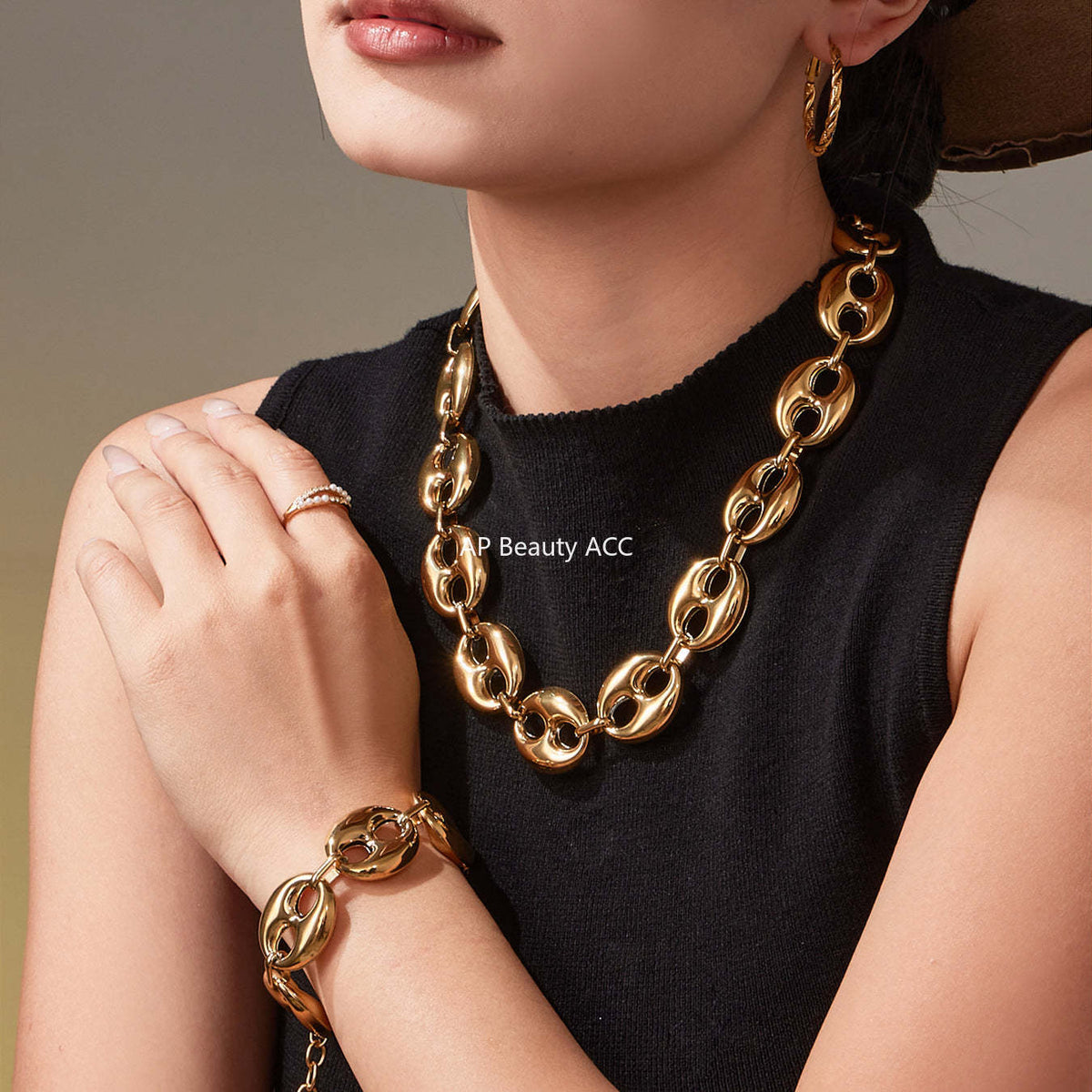 B廠-時尚輕奢風光面橢圓形豬鼻子項鍊手鍊套裝不鏽鋼鍍18k真金「TXP466」25.11-3