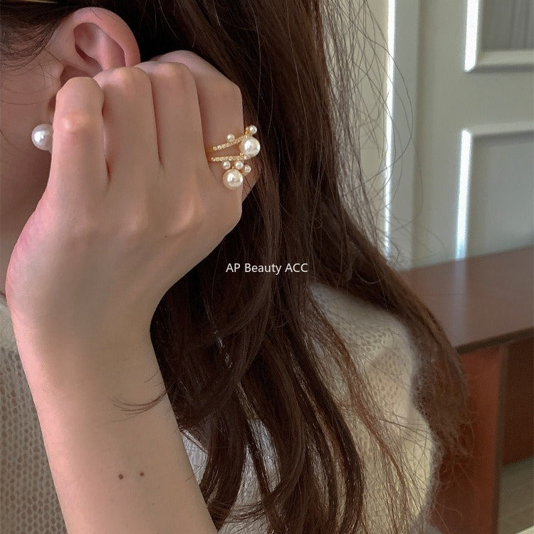 C廠-韓版優雅氣質冷淡風珍珠戒指女復古百搭高級感食指戒小眾設計指環「JZ-0728」25.11-1