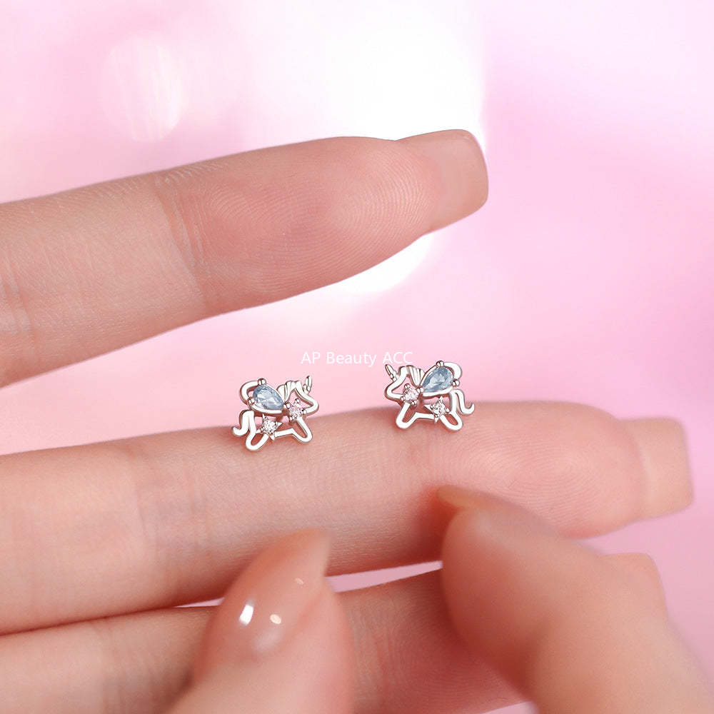D廠-原創足銀S999彩鋯獨角獸耳環幸運馬可愛溫柔清新本命年耳飾「YC4943E_1」25.12-3