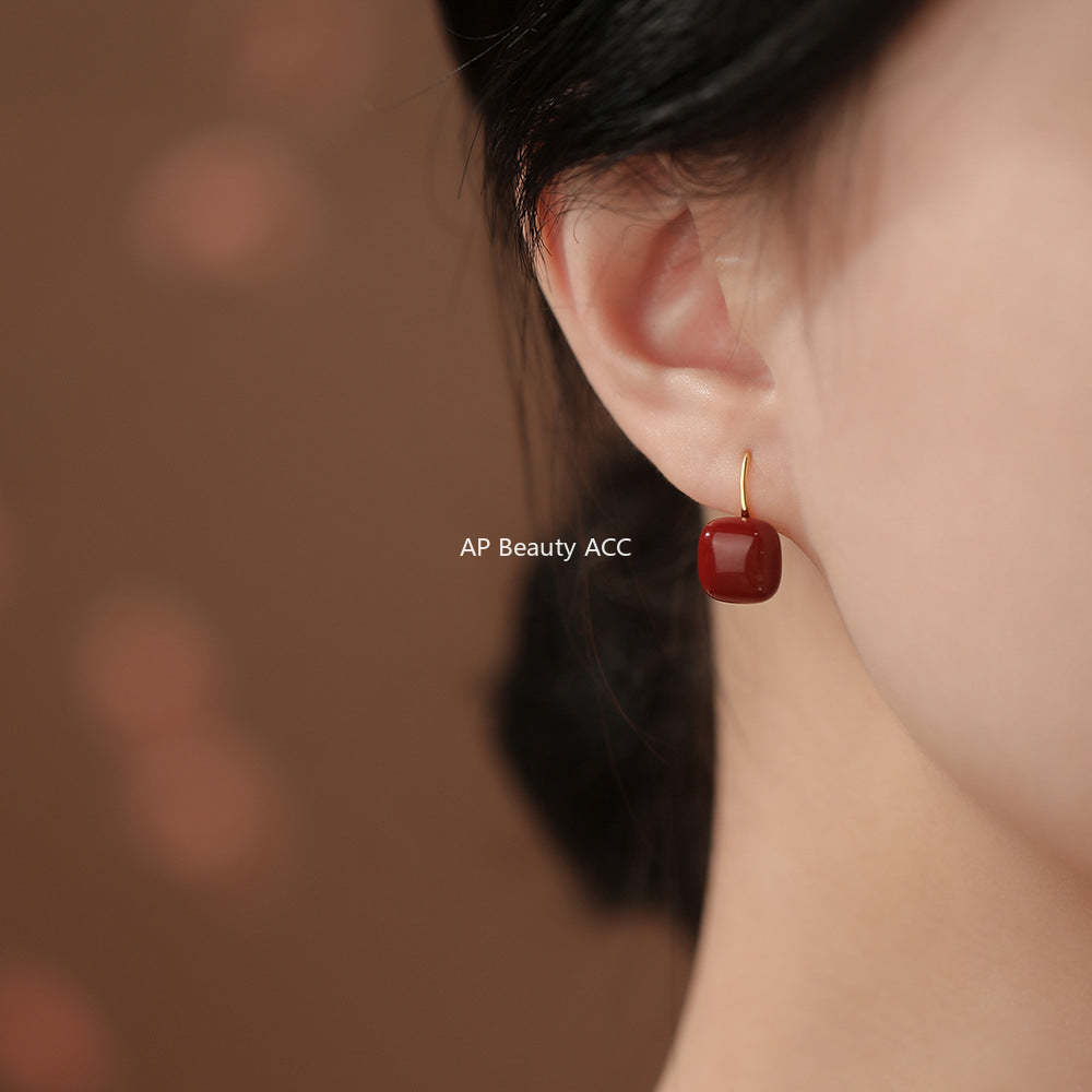 D廠-純銀S925復古幾何簡約紅色復古方塊耳環輕奢中式溫柔小眾耳飾「YC4242E_1」25.12-3
