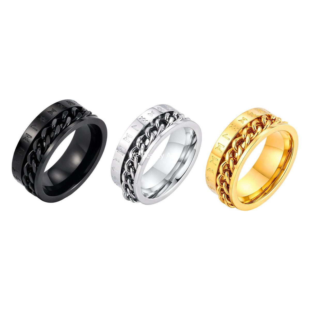 G廠-歐美時尚新款不鏽鋼維京盧恩文鏈條可轉動戒指金色「R-651」25.10-5