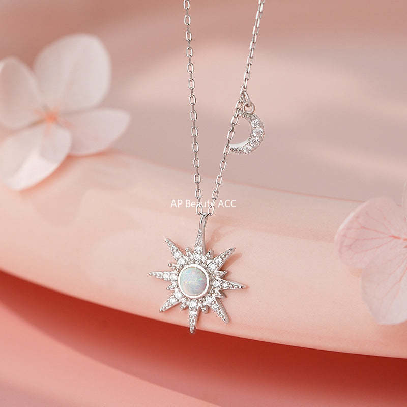 D廠-S925純銀八芒星月亮項鍊炫彩夢幻復古歐美精緻小眾鎖骨鏈批發「YC1445N_1」25.10-5