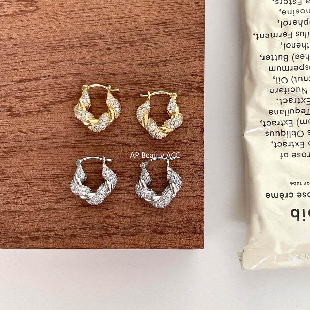 C廠-法式慵懶風銀針鋯石耳環女小眾高級感氣質百搭牛角包耳扣精緻耳飾「EH-4116」25.10-5