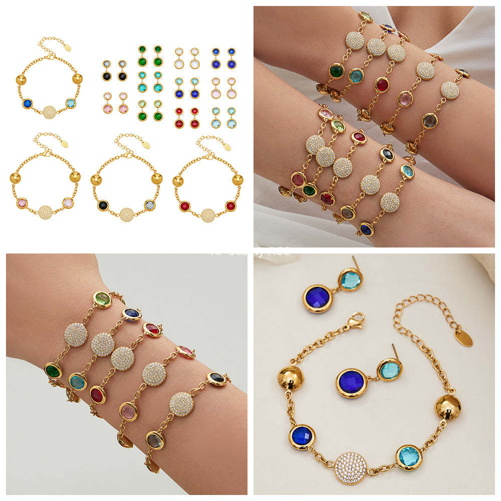 B廠-不鏽鋼滿鑽鋯石切麵包邊玻璃石手鍊耳環鍍18k真金首飾套裝不掉色「TXE508」25.12-1