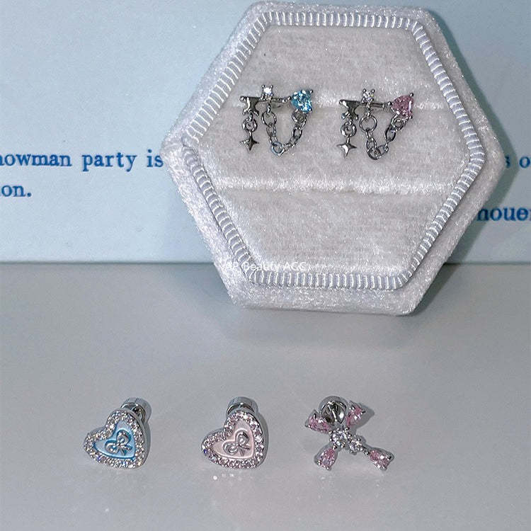 C廠-甜美精緻粉色鋯石十字架耳釘女個性獨特小香風鈦鋼耳骨釘小眾耳飾「EH-4328」25.11-4