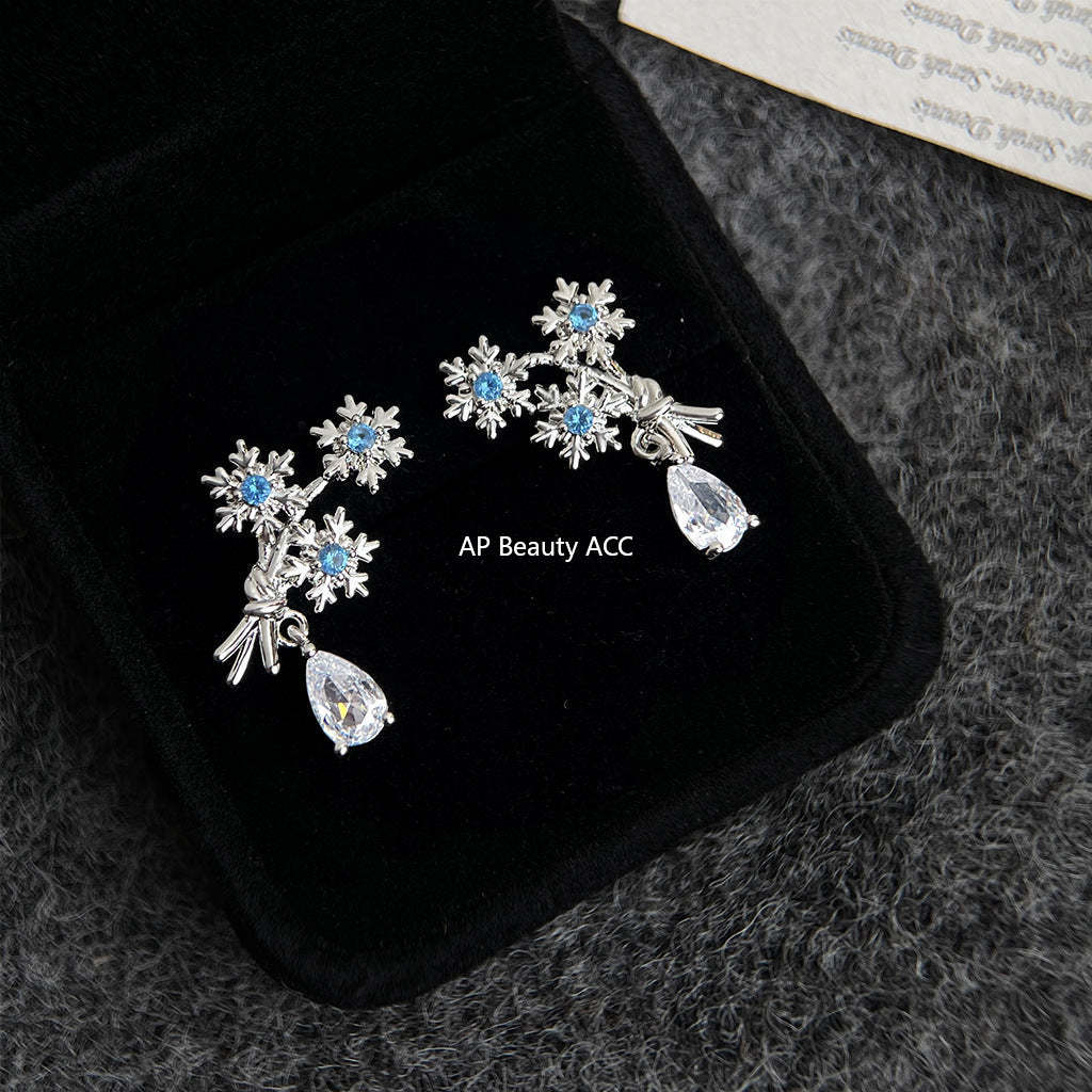 A廠-原創飄雪~海藍寶鋯石925銀針雪花設計師耳環氣質個性創意新耳飾「7158」25.11-4