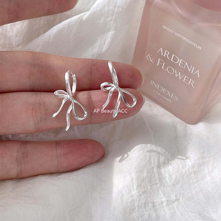 C廠-絲帶蝴蝶結耳釘女小眾設計感高級耳環耳圈拉絲絕美特純銀針耳飾「EH-3250.SJ」25.12-2