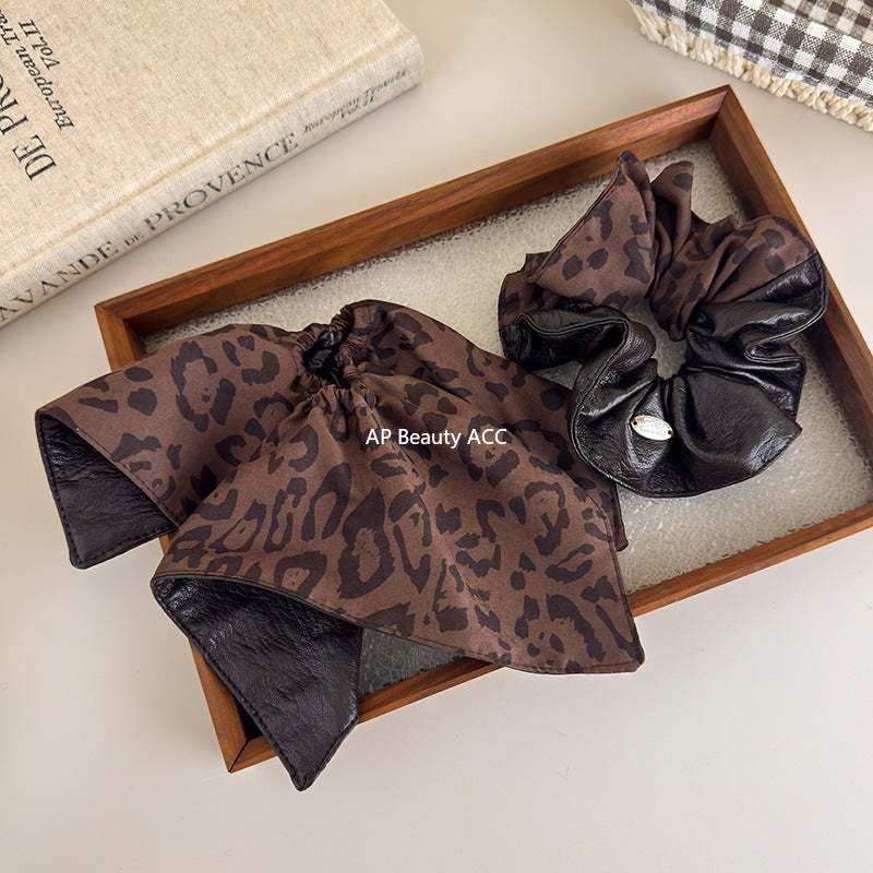 E廠-韓國ins風咖色豹紋拼接大腸髮圈女秋冬氛圍感氣質低馬尾頭繩髮飾「27622」25.11-1