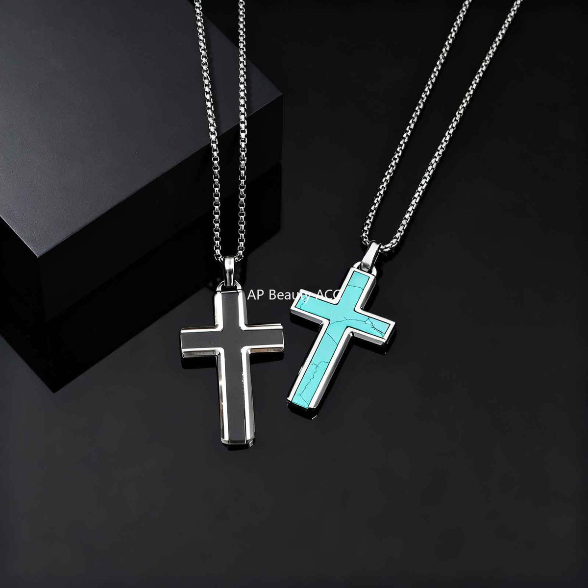 G廠-不鏽鋼歐美跨境男士項鍊十字架綠松石虎眼毛衣鏈簡約吊墜「PN-2224」25.12-2