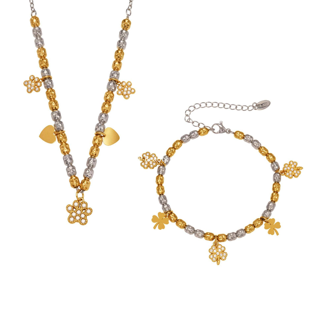 B廠-簡約不鏽鋼拼色項鍊手鍊套裝四葉草鑲嵌鋯石吊墜鍍18k真金「TXP467-TXE467」25.11-3