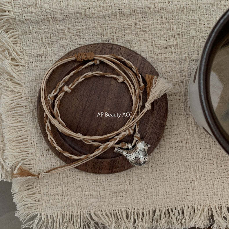 C廠-多寶滿足鳥串珠吊墜S925純銀項鍊女復古小眾高級感編織繩毛衣鏈「1633」25.12-3