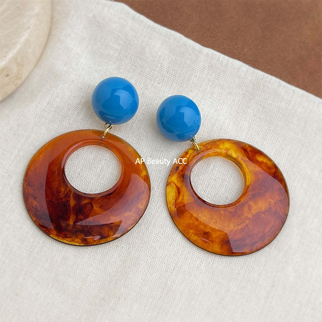 A廠-秋冬爆款文藝復古美拉德風暈染色琥珀咖色幾何誇張圓形耳飾耳環「7029」25.11-1