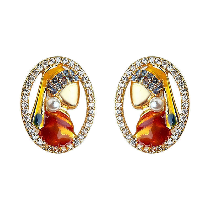 A廠-原創珍珠少女925銀針微鑲鋯石手工彩繪人像幾何耳飾 新款文藝耳釘「7239」25.12-3