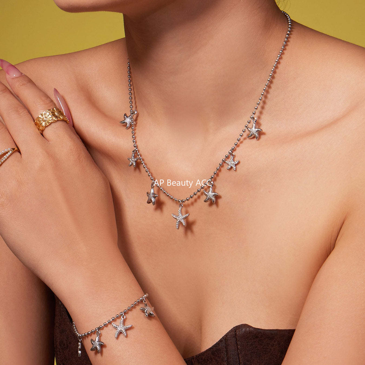 B廠-跨境新款不鏽鋼鋯石海星吊墜耳環項鍊手鍊套裝簡約鑲鑽配飾「TXP478」25.11-4