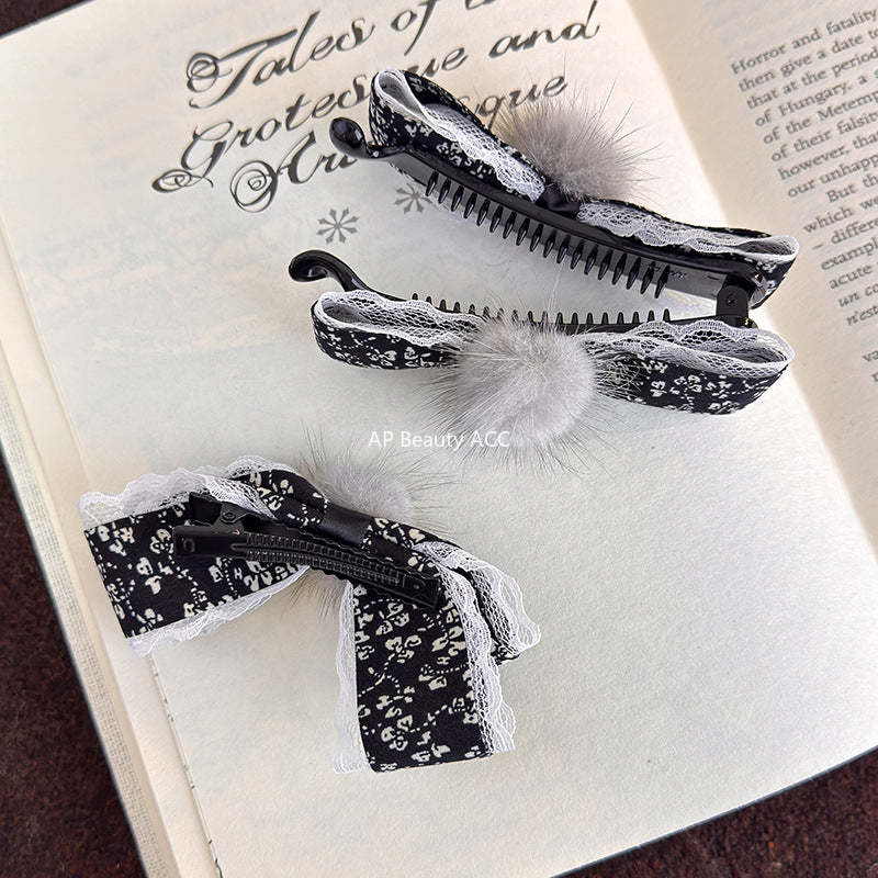 E廠-碎花毛球蝴蝶結髮夾鴨嘴夾半扎髮後腦勺香蕉夾高級感髮飾髮卡頭飾「27774」25.12-2