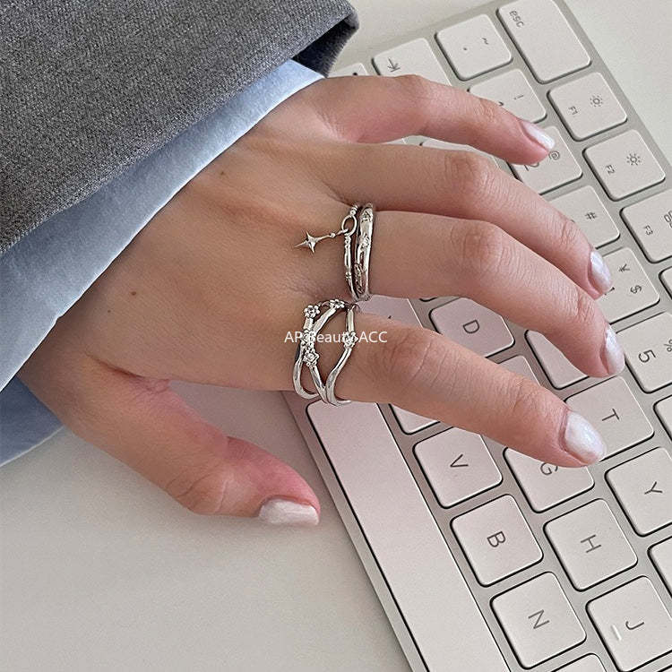 C廠-時尚個性冷淡風星星吊墜純銀戒指女小眾輕奢疊戴風多層鋯石食指戒「JZ-0720」25.10-5