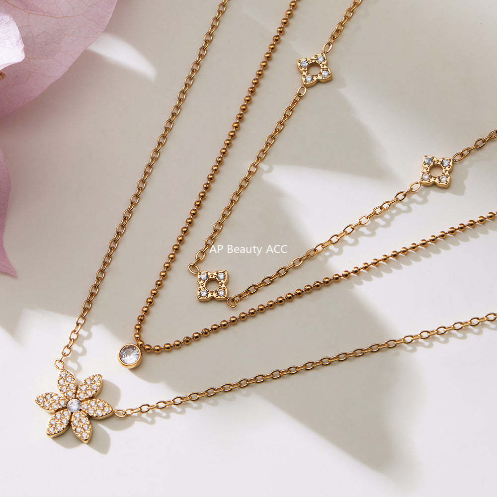 B廠-簡約時尚花朵滿鑽鋯石吊墜雙層疊戴項鍊不鏽鋼手鍊戒指套裝「TXP492」25.11-4