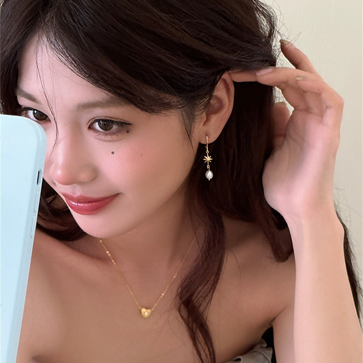 C廠-法式復古ins風八芒星銀針耳環女簡約輕奢設計感高級珍珠流蘇耳圈「EH-4000」25.10-2