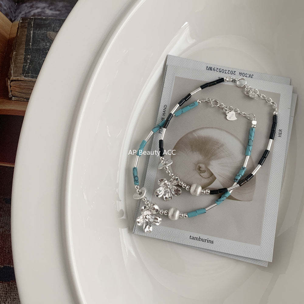 C廠-泰國清邁風手工銀花朵藍松石天然虎眼石直管S925純銀手鍊「1399」25.11-3