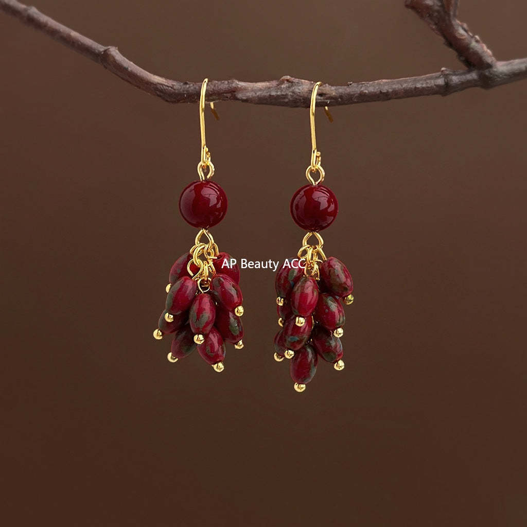 A廠-新中式火紅琉璃米珠長款流蘇手工耳環氣質國潮新款新年耳飾女「7261」25.12-3