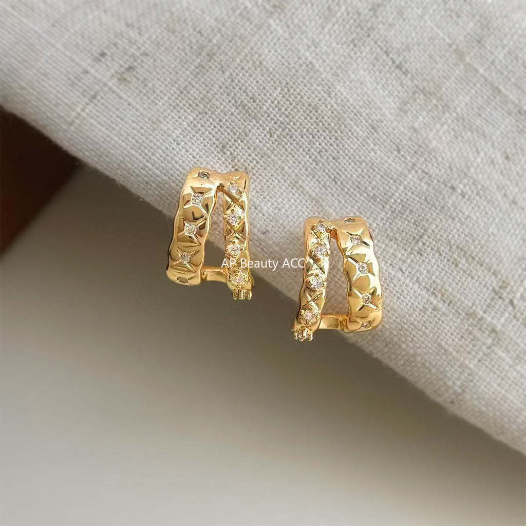 A廠-微鑲鋯石時尚高級感幾何925銀針保色 新款輕奢風芒星耳飾工廠耳環「7222」25.12-2