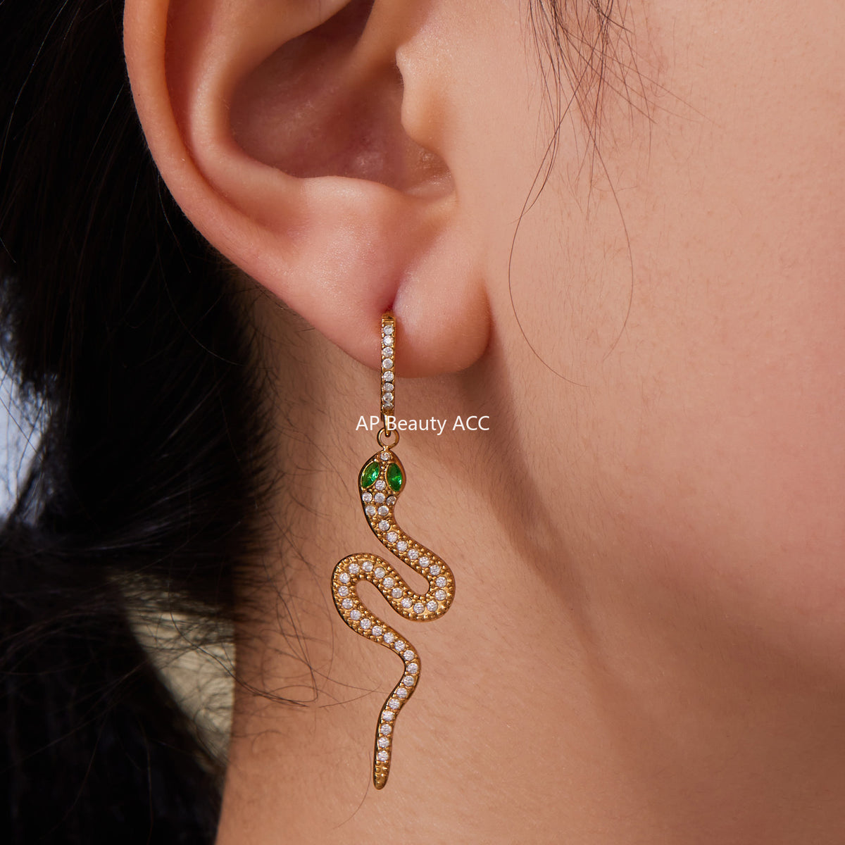 B廠-精緻5A鋯石蛇形滿鑽不鏽鋼戒指耳環首飾套裝鍍18k金跨境飾「TXF412」25.10-1