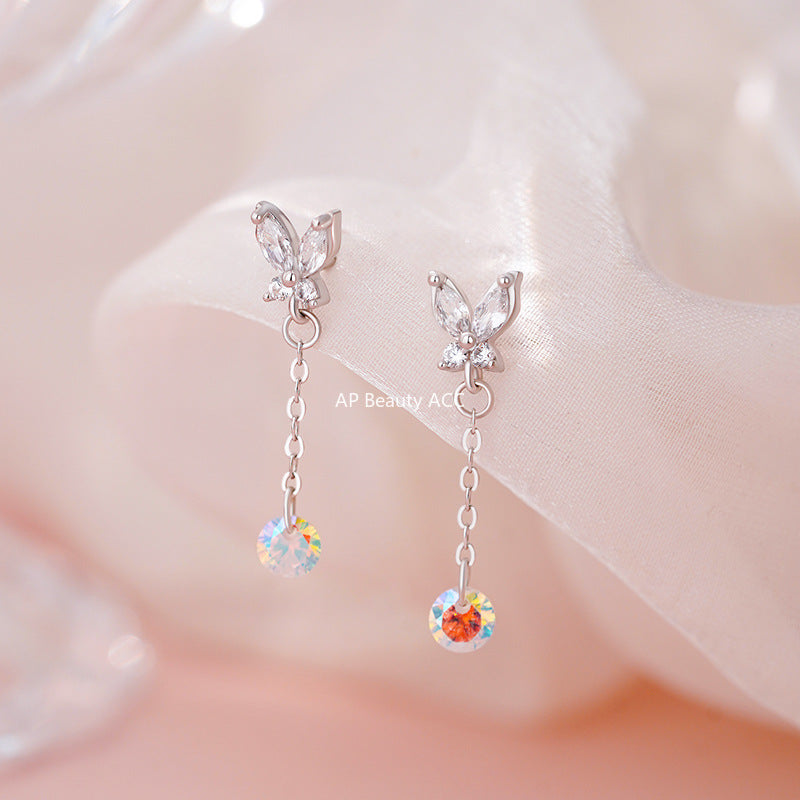 D廠-足銀S999蝴蝶鋯石流蘇耳環森系炫彩時尚輕奢精美淡雅小眾耳飾耳釘「YC4634E_1」25.11-1