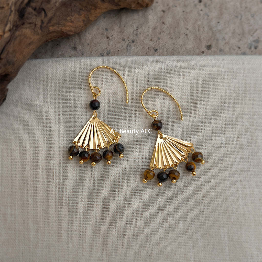 A廠-美拉德風虎眼石天然石手工設計感扇形流蘇咖色秋冬新款耳飾耳環「7020」25.11-1