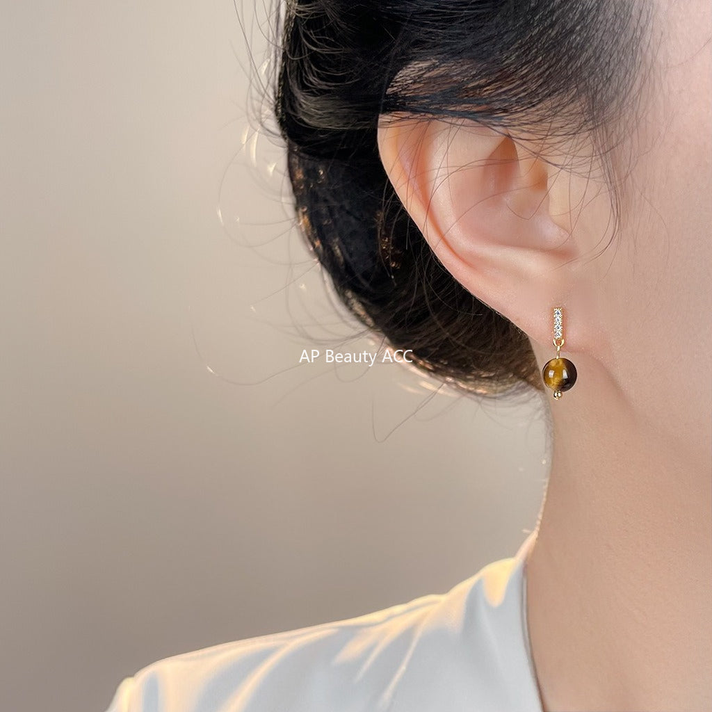 A廠-秋冬爆款美拉德風時尚高級感虎眼石微鑲鋯石小巧簡約耳環耳飾「7062」25.11-2