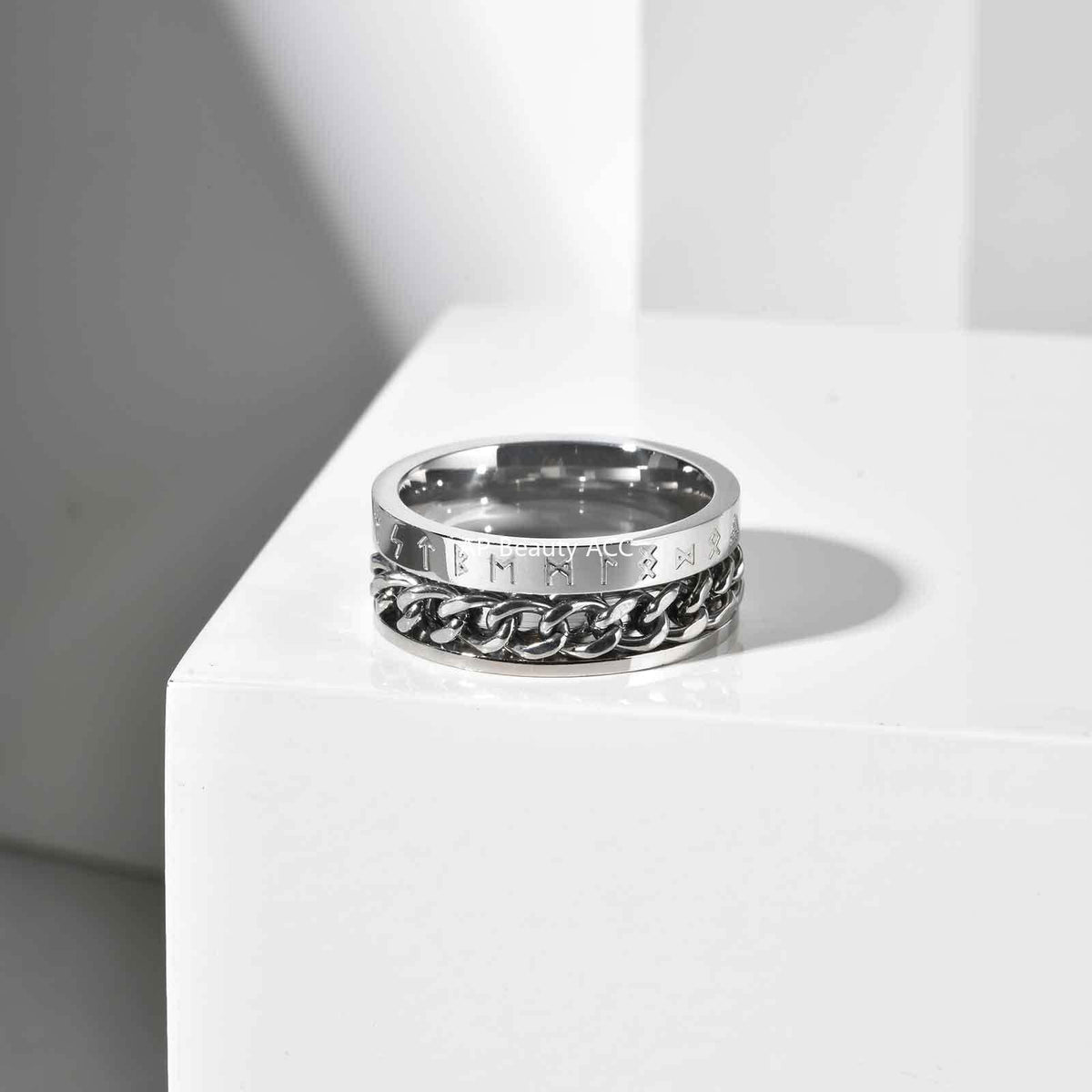 G廠-歐美時尚新款不鏽鋼維京盧恩文鏈條可轉動戒指金色「R-651」25.10-5