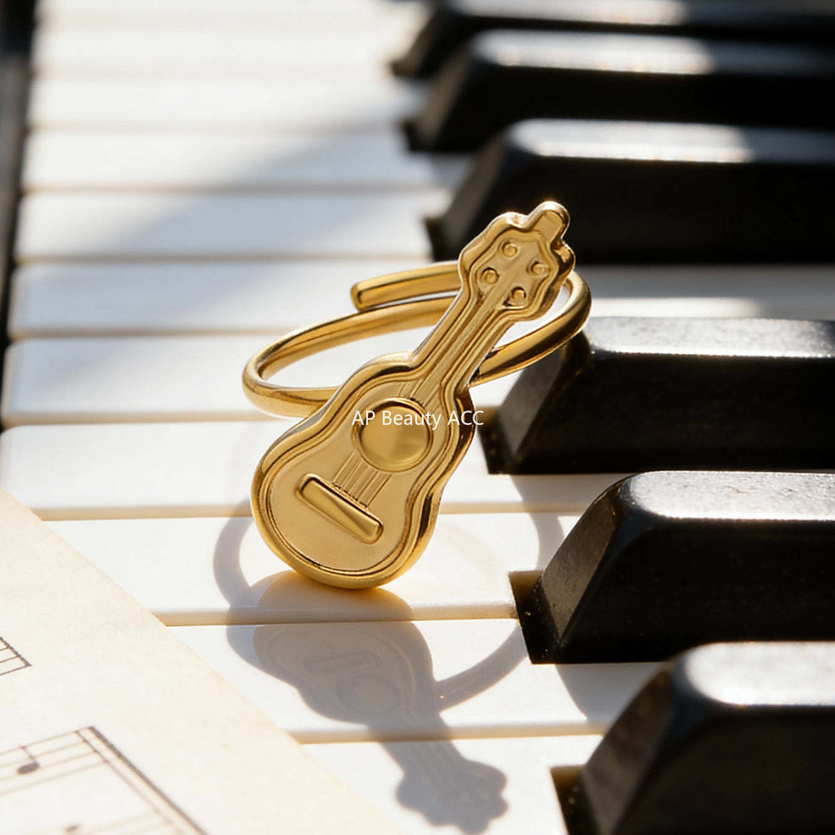 B廠-不鏽鋼小吉他開口戒指鍍18k真金學院風個性潮酷配飾ins小眾設計感「A542」25.12-3
