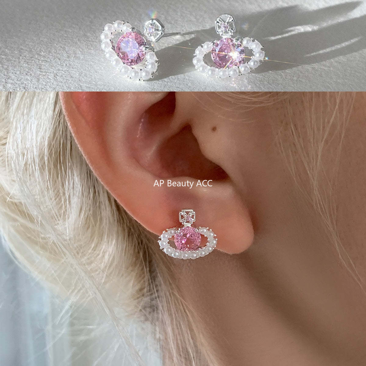 C廠-輕奢小香風粉鋯石星球耳釘女小眾甜美珍珠耳環時尚通勤百搭耳飾「EH-4313」25.12-3
