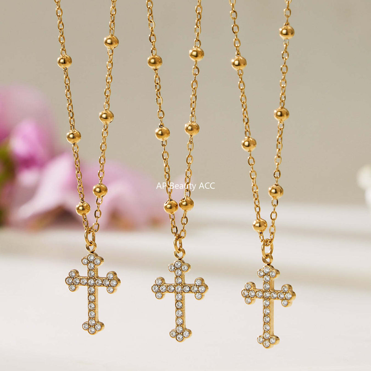 B廠-超閃5A鋯石十字架吊墜項鍊手鍊耳環戒指首飾套裝不鏽鋼材質「TXP487」25.11-4