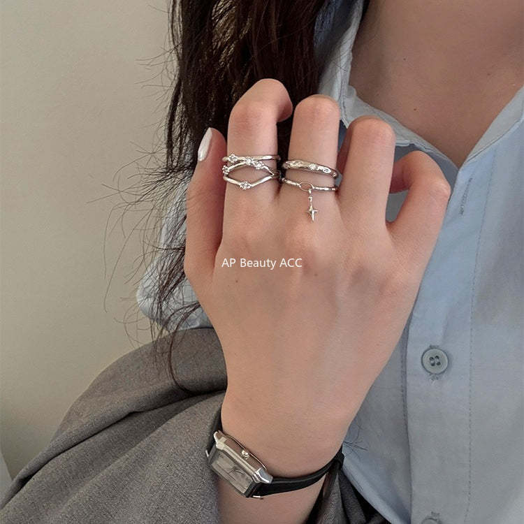 C廠-時尚個性冷淡風星星吊墜純銀戒指女小眾輕奢疊戴風多層鋯石食指戒「JZ-0720」25.10-5