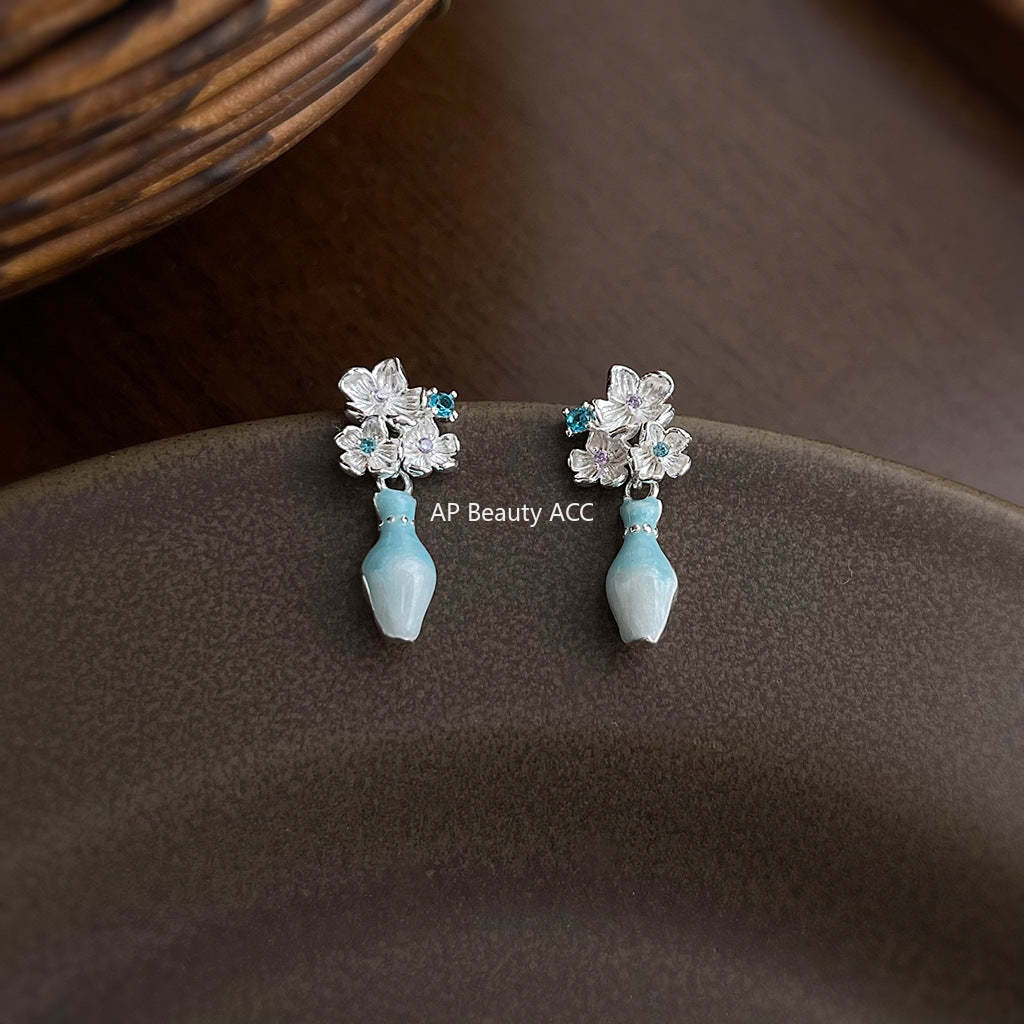 A廠-原創優雅唯美個性花瓶925銀針琺瑯滴釉漸變色清冷感耳飾工廠 耳環「7040」25.12-1