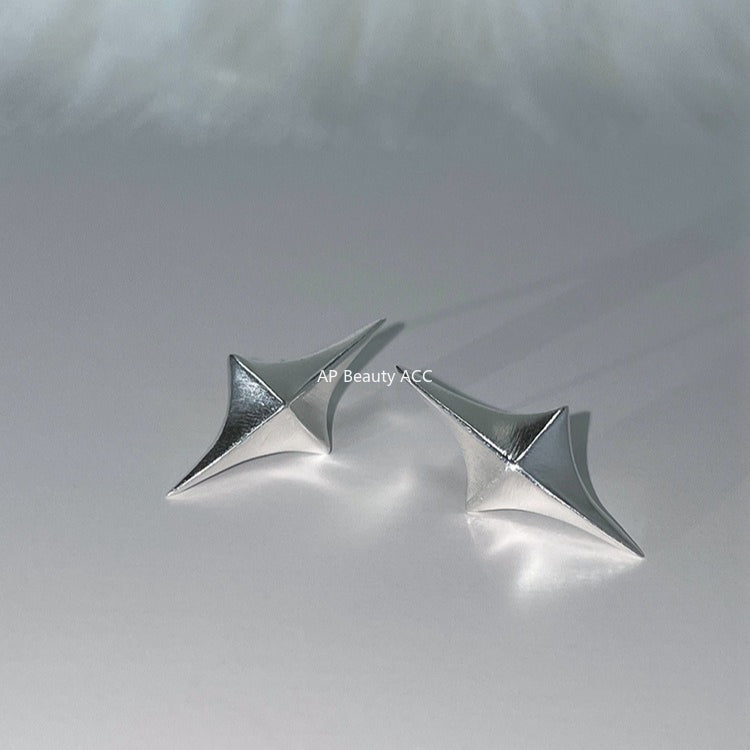 C廠-925銀針拉絲立體四芒星耳釘女輕奢高級氣質耳環日常百搭秋冬耳飾「EH-4119」25.11-2