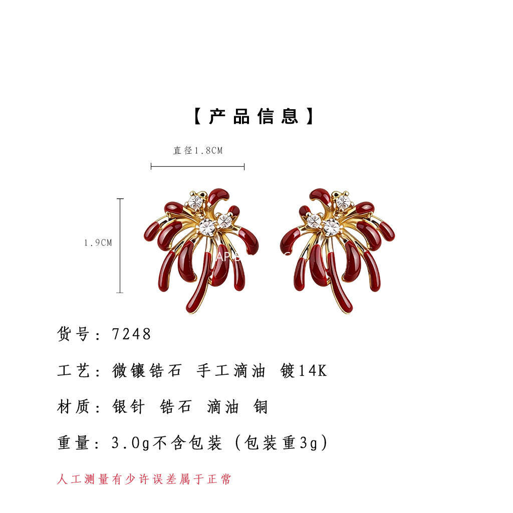 A廠-璀璨煙火微鑲鋯石琺瑯滴釉紅酒時尚高級感s925銀針新款耳飾女耳釘「7248」25.12-3