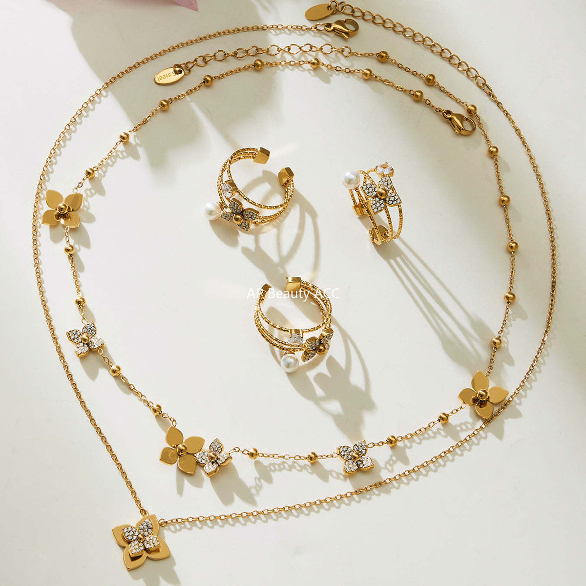 B廠-熱銷新品重十字夾珠鬱金香花朵鑲鋯石滿鑽鎖骨項鍊戒指套裝「TXP489」25.11-4