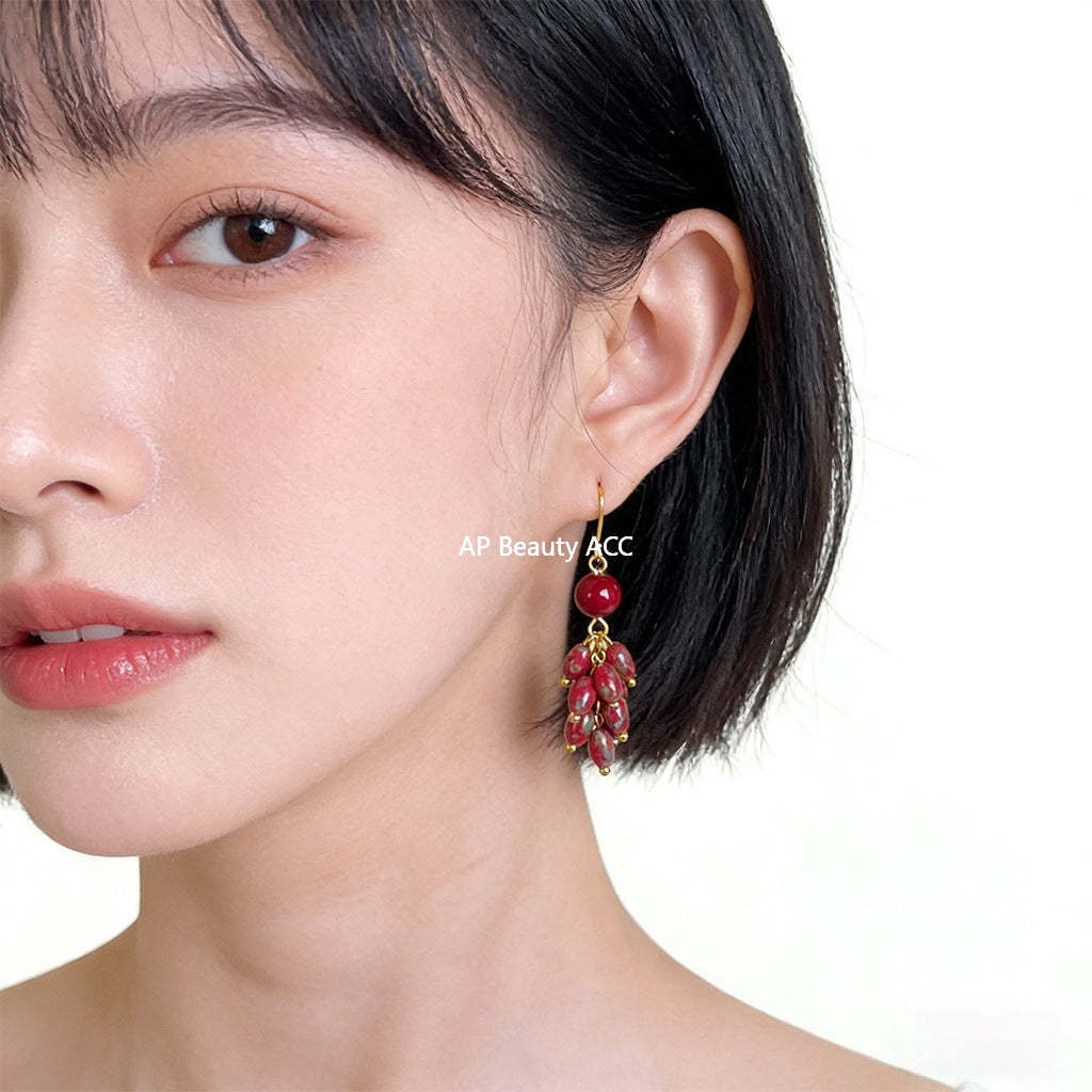 A廠-新中式火紅琉璃米珠長款流蘇手工耳環氣質國潮新款新年耳飾女「7261」25.12-3