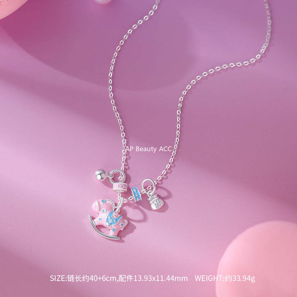D廠-原創足銀S999搖搖馬項鍊女生肖馬多巴胺童趣國風創意鎖骨鏈批發「YC1589N_1」25.12-1