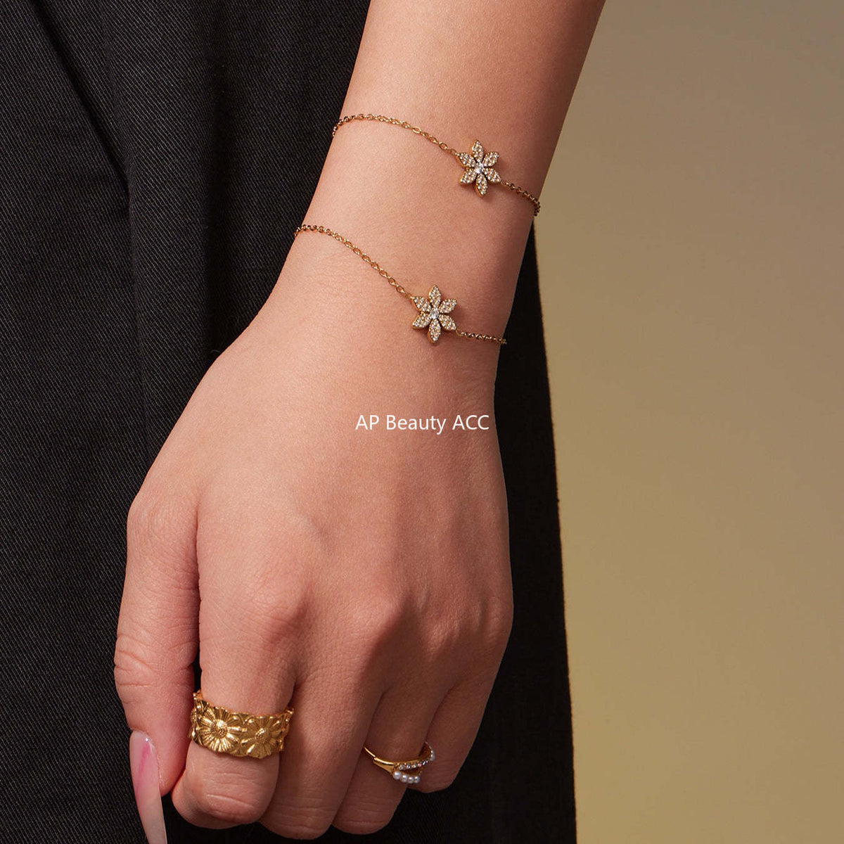 B廠-簡約時尚花朵滿鑽鋯石吊墜雙層疊戴項鍊不鏽鋼手鍊戒指套裝「TXP492」25.11-4