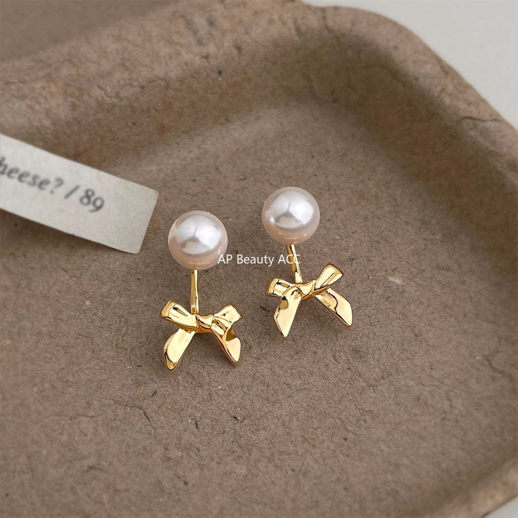 A廠-兩戴簡約蝴蝶結耳環 ins冷淡風金屬氣質耳環高級感百搭珍珠耳飾女「7208」25.12-2